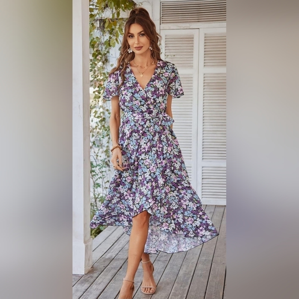 Prettygarden Purple Floral V-Neck Flutter Sleeve Wrap Dress Women's XXL (20-22)